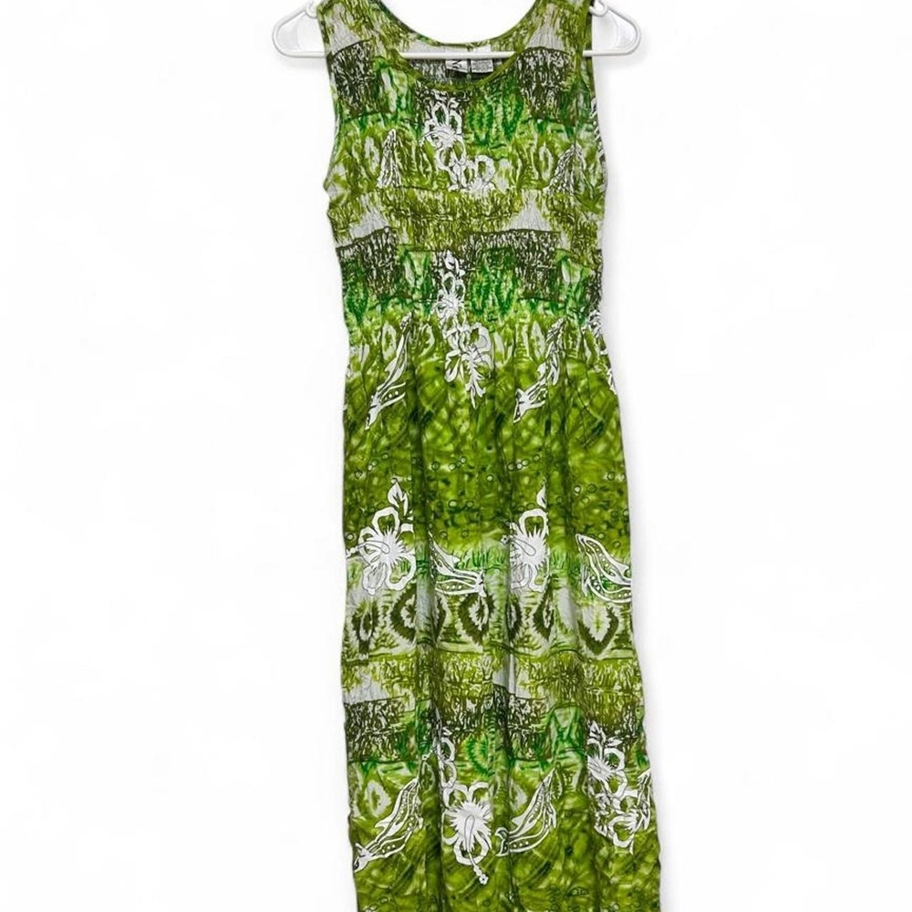 Vintage Hawaiian smocked tropical green maxi dress